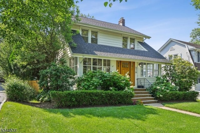 516 Hillcrest Ave, Westfield Town, NJ 07090 - view of front of house with a chimney, a shingled roof, and a porch