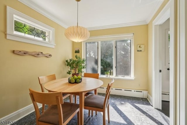 516 Hillcrest Ave, Westfield Town, NJ 07090 - dining area with ornamental molding, a baseboard heating unit, and baseboard heating