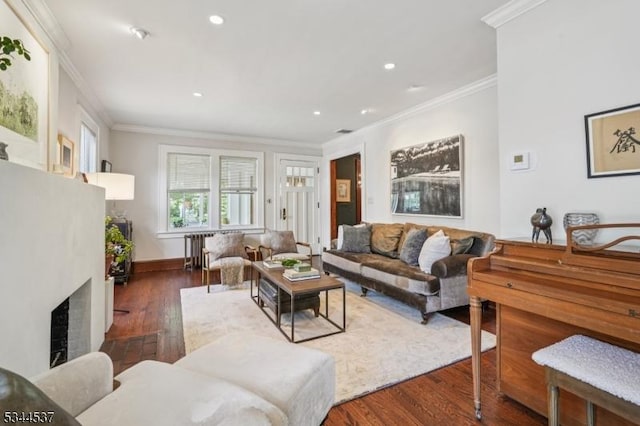 516 Hillcrest Ave, Westfield Town, NJ 07090 - living area with wood finished floors, a fireplace, ornamental molding, recessed lighting, and radiator heating unit