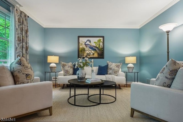 living room with ornamental molding