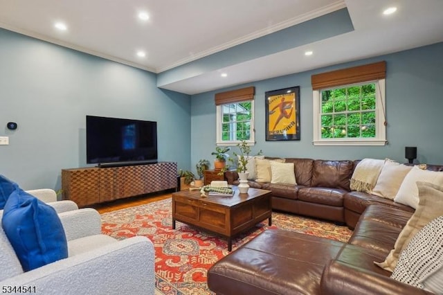 living area featuring recessed lighting, crown molding, and wood finished floors