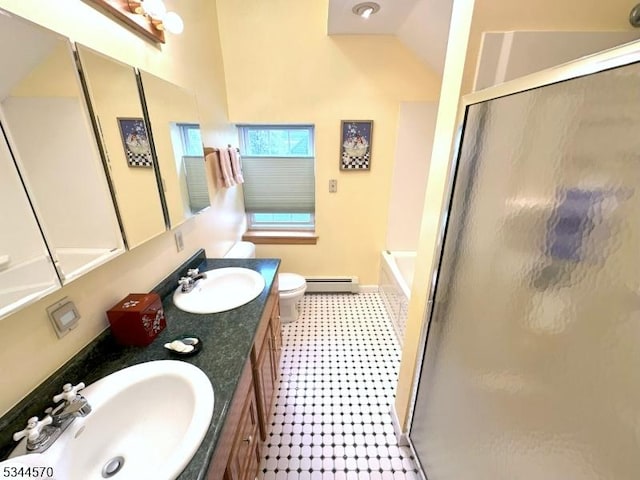 bathroom with a sink, a baseboard radiator, vaulted ceiling, and an enclosed shower
