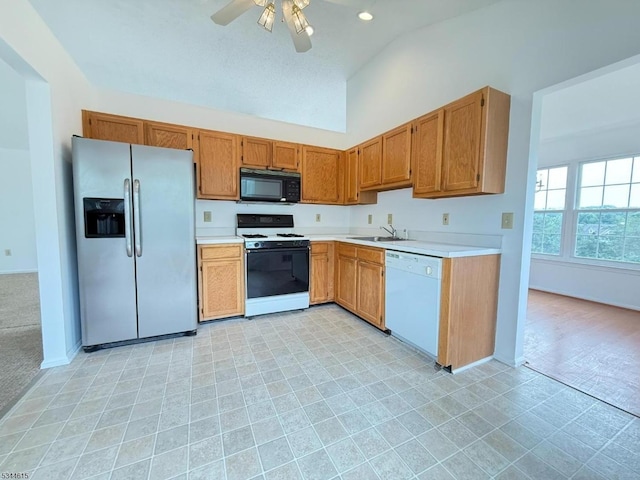 404 Azalea Ter, Branchburg Twp, NJ 08876 - kitchen featuring white appliances, ceiling fan, light countertops, light floors, and brown cabinets