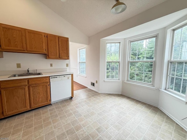 404 Azalea Ter, Branchburg Twp, NJ 08876 - kitchen featuring white dishwasher, brown cabinetry, plenty of natural light, light countertops, and vaulted ceiling