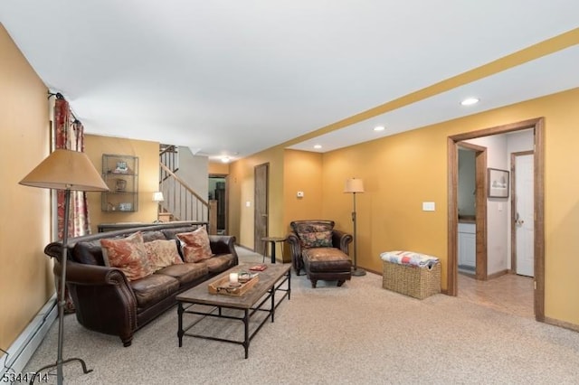 23 Devita Rd, Sandyston Twp, NJ 07826 - carpeted living area with a baseboard heating unit, stairway, and recessed lighting