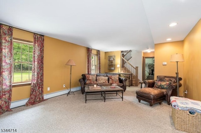 23 Devita Rd, Sandyston Twp, NJ 07826 - carpeted living area featuring stairs, a baseboard heating unit, and recessed lighting