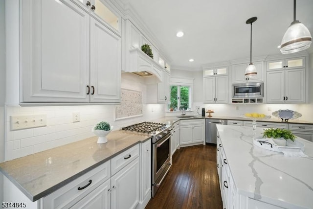 2 Wakefield Dr, Washington Twp, NJ 07840 - kitchen with appliances with stainless steel finishes, white cabinets, hanging light fixtures, tasteful backsplash, and recessed lighting