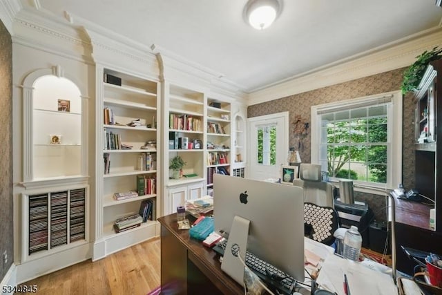 2 Wakefield Dr, Washington Twp, NJ 07840 - office with crown molding, light wood-style flooring, and wallpapered walls