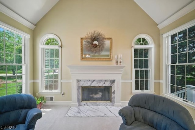 2 Wakefield Dr, Washington Twp, NJ 07840 - living area with high vaulted ceiling, carpet flooring, a premium fireplace, and crown molding