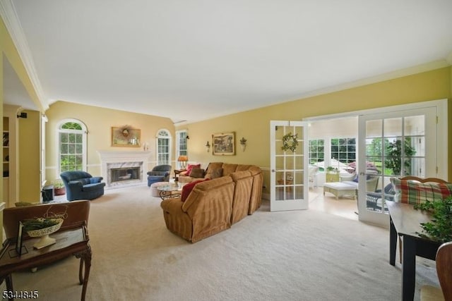 2 Wakefield Dr, Washington Twp, NJ 07840 - carpeted living area with ornamental molding, a premium fireplace, and french doors