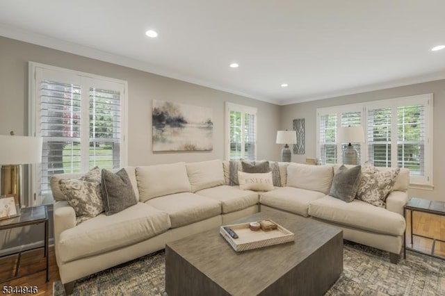 2 Columbia Dr, Bernardsville Boro, NJ 07924 - living room with crown molding, wood finished floors, and recessed lighting