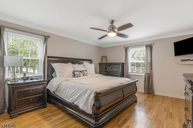 2 Columbia Dr, Bernardsville Boro, NJ 07924 - bedroom featuring light wood-style flooring, baseboards, ornamental molding, and ceiling fan