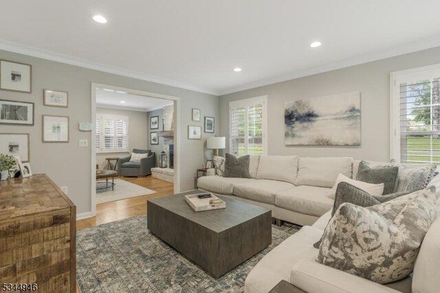 2 Columbia Dr, Bernardsville Boro, NJ 07924 - living room featuring recessed lighting, ornamental molding, plenty of natural light, wood finished floors, and baseboards