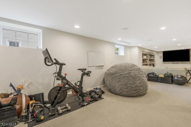 2 Columbia Dr, Bernardsville Boro, NJ 07924 - exercise area featuring recessed lighting, carpet flooring, and built in features
