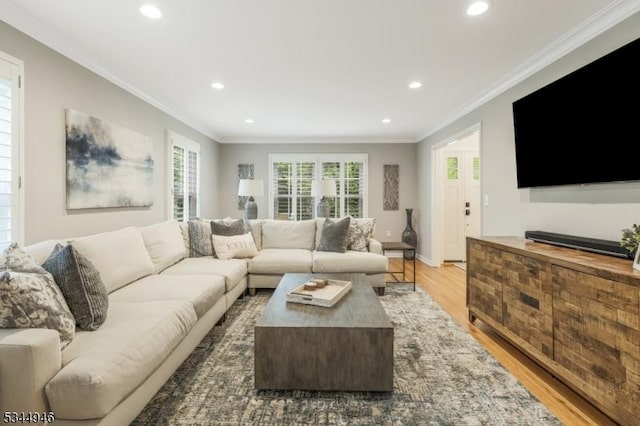 2 Columbia Dr, Bernardsville Boro, NJ 07924 - living room featuring wood finished floors, recessed lighting, and crown molding