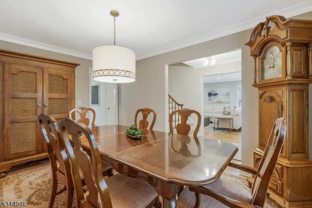 2 Columbia Dr, Bernardsville Boro, NJ 07924 - dining area featuring stairs, ornamental molding, and light wood finished floors