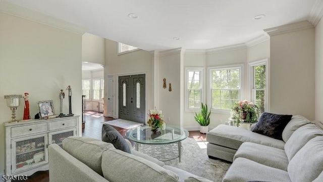 1121 N Washington Ave, Green Brook Twp, NJ 08812 - living room featuring wood finished floors, ornamental molding, and baseboards