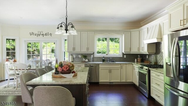 1121 N Washington Ave, Green Brook Twp, NJ 08812 - kitchen with stainless steel appliances, premium range hood, a chandelier, a sink, and light stone counters
