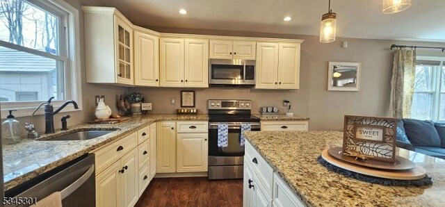 kitchen featuring a sink, dark wood-style floors, light stone countertops, and stainless steel appliances