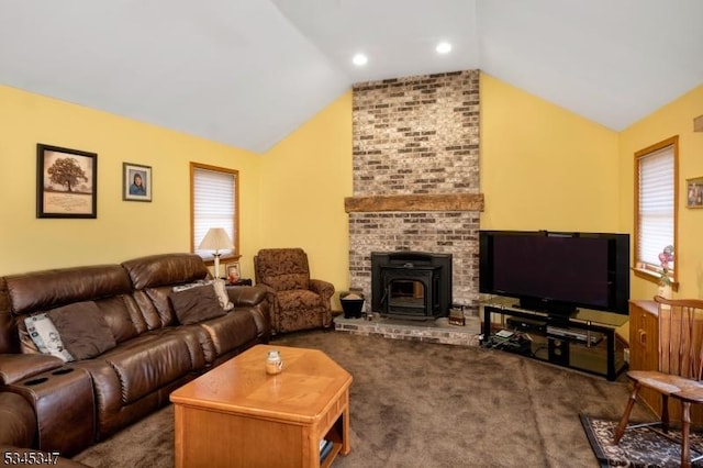 113 Circle Dr S, West Amwell Twp, NJ 08530 - living area with a wood stove, lofted ceiling, and carpet floors