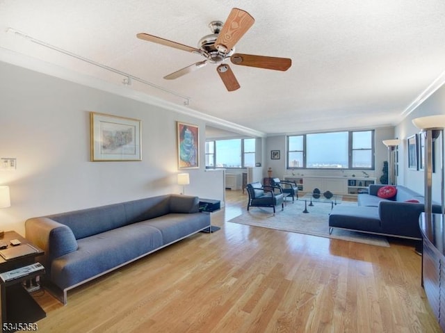 living area with track lighting, crown molding, ceiling fan, light wood-style floors, and a textured ceiling