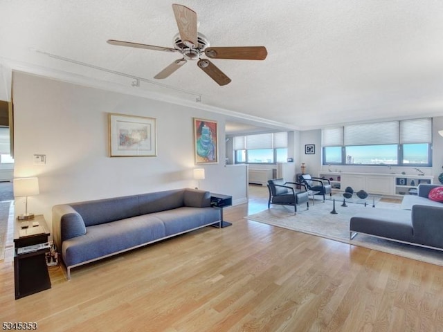 living area with a textured ceiling, ceiling fan, rail lighting, and light wood finished floors