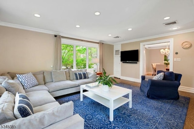110 Kenilworth Rd, Mountain Lakes Boro, NJ 07046 - living area featuring recessed lighting, crown molding, a chandelier, baseboards, and wood finished floors