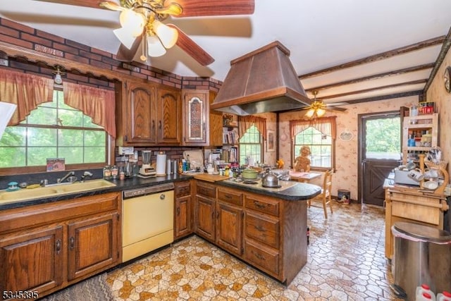 992 Stillwater Rd, Stillwater Twp, NJ 07860 - kitchen with dishwasher, ceiling fan, a peninsula, brown cabinetry, and wallpapered walls
