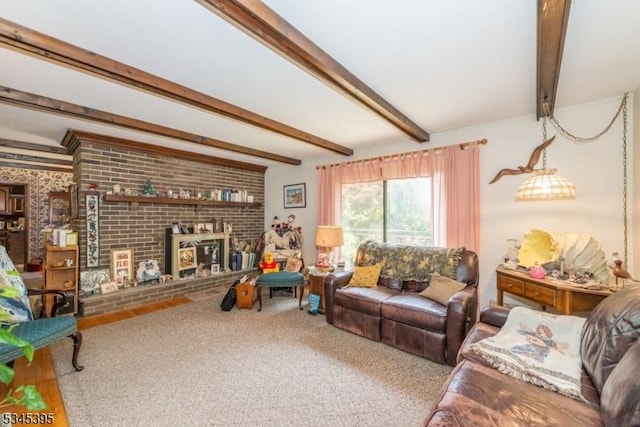 992 Stillwater Rd, Stillwater Twp, NJ 07860 - living room featuring beamed ceiling, a fireplace, and carpet