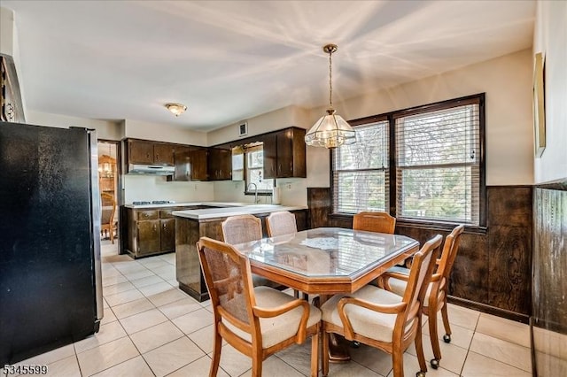 31 Riverview Ter, Hillsborough Twp, NJ 08844 - dining room featuring light tile patterned flooring, a notable chandelier, wainscoting, and wooden walls