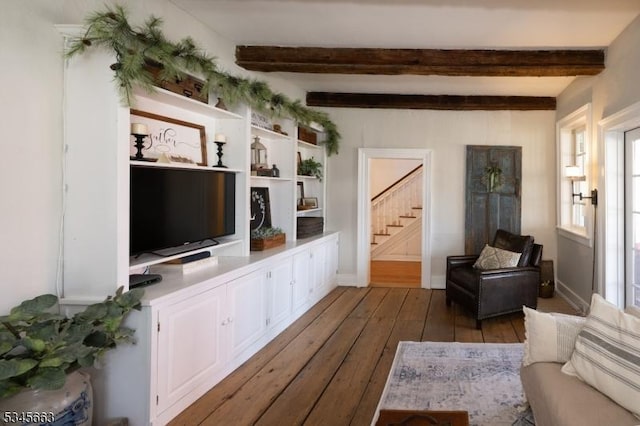 112 Pleasant Grove Rd, Washington Twp, NJ 07853 - living room with dark wood-style floors, beamed ceiling, stairs, and baseboards