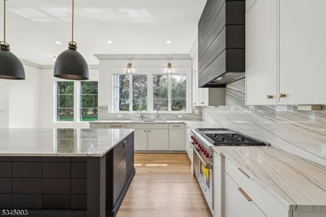kitchen with white cabinets, stainless steel range, light wood-style flooring, premium range hood, and backsplash
