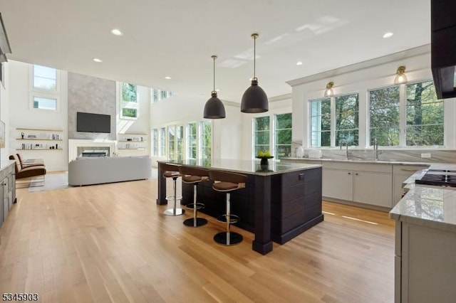 kitchen featuring recessed lighting, a center island, light wood finished floors, and open floor plan