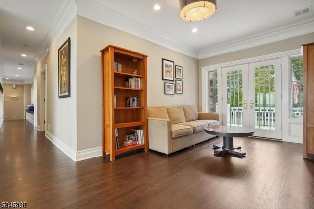 16 Laurel Mountain Way, Tewksbury Twp, NJ 07830 - living room with visible vents, baseboards, ornamental molding, dark wood-style floors, and french doors