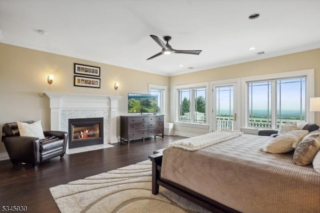 16 Laurel Mountain Way, Tewksbury Twp, NJ 07830 - bedroom featuring a fireplace with flush hearth, multiple windows, access to exterior, and wood finished floors