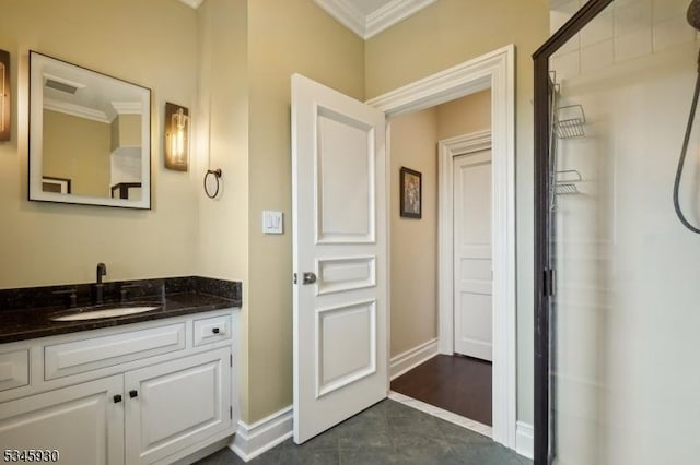 16 Laurel Mountain Way, Tewksbury Twp, NJ 07830 - bathroom with a shower, vanity, tile patterned flooring, baseboards, and ornamental molding