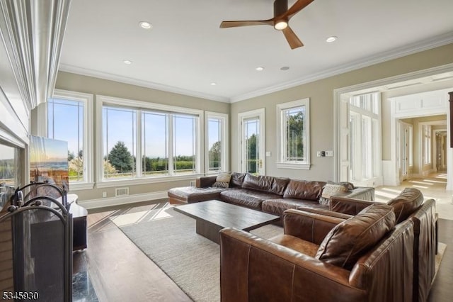 16 Laurel Mountain Way, Tewksbury Twp, NJ 07830 - living area with recessed lighting, ornamental molding, baseboards, and ceiling fan
