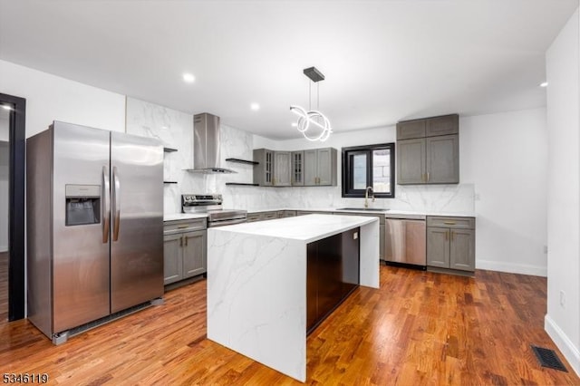kitchen featuring a center island, wood finished floors, a sink, decorative backsplash, and stainless steel appliances
