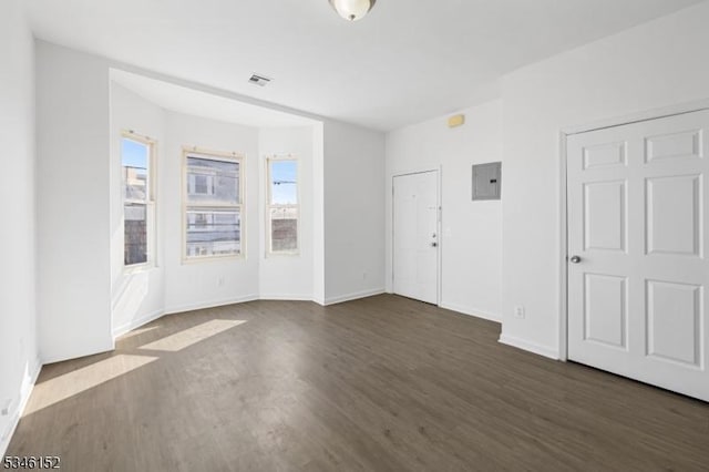 unfurnished living room with baseboards, dark wood-style flooring, visible vents, and electric panel