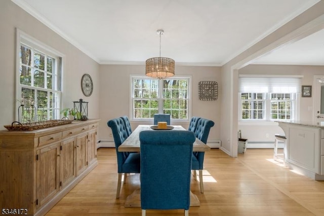 dining room featuring a healthy amount of sunlight, a baseboard heating unit, and light wood finished floors