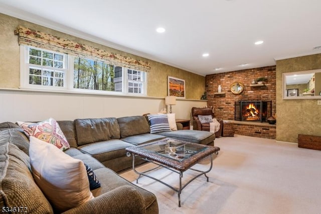 living room with recessed lighting, carpet, and a fireplace