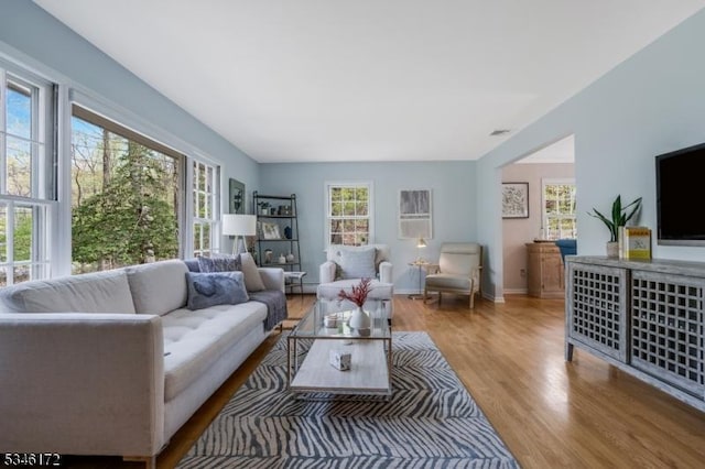 living area with baseboards, a baseboard radiator, and wood finished floors