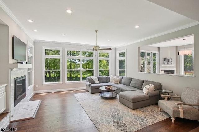 15 Wolfe Run Ct, Washington Twp, NJ 07853 - living area with a high end fireplace, ornamental molding, a ceiling fan, dark wood finished floors, and recessed lighting