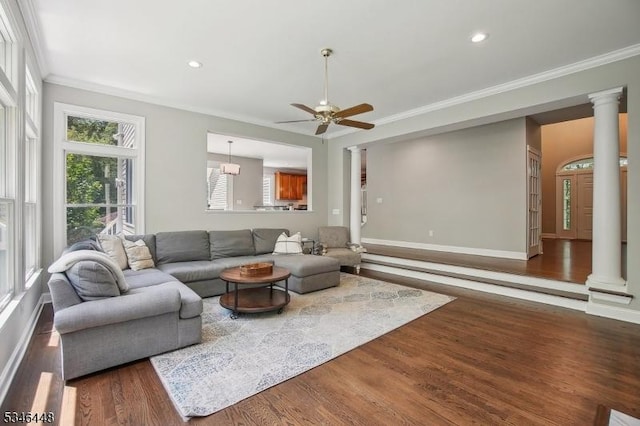 15 Wolfe Run Ct, Washington Twp, NJ 07853 - living area featuring decorative columns, ornamental molding, ceiling fan, wood finished floors, and baseboards