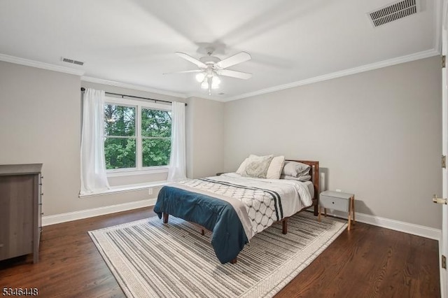 15 Wolfe Run Ct, Washington Twp, NJ 07853 - bedroom featuring baseboards, dark wood-style flooring, crown molding, and ceiling fan