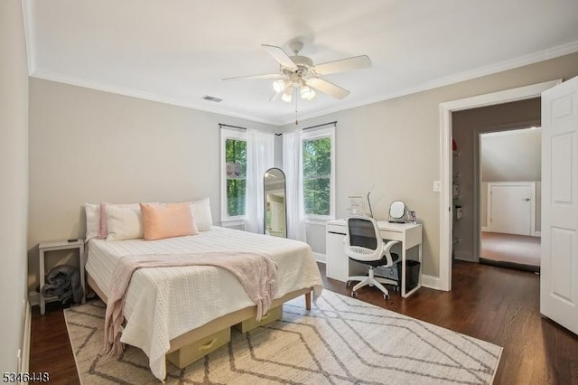 15 Wolfe Run Ct, Washington Twp, NJ 07853 - bedroom with wood finished floors, crown molding, ceiling fan, a desk, and baseboards