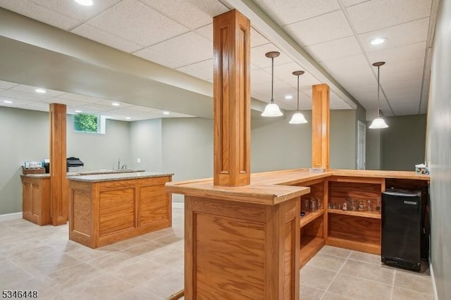 15 Wolfe Run Ct, Washington Twp, NJ 07853 - indoor wet bar featuring a drop ceiling, hanging light fixtures, recessed lighting, and light tile patterned floors