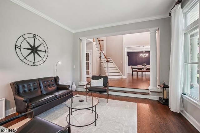 15 Wolfe Run Ct, Washington Twp, NJ 07853 - living room with decorative columns, wood finished floors, and crown molding