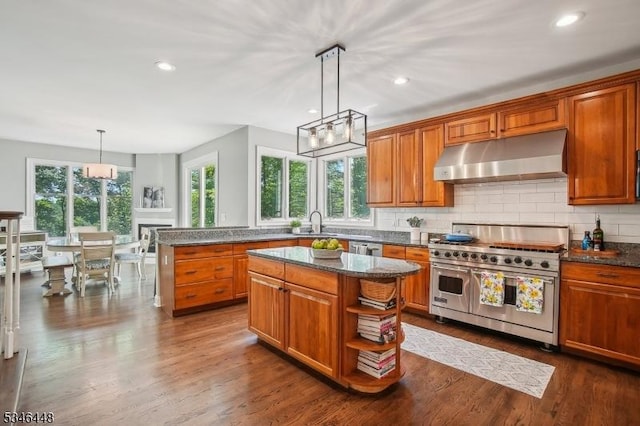 15 Wolfe Run Ct, Washington Twp, NJ 07853 - kitchen with appliances with stainless steel finishes, under cabinet range hood, brown cabinets, dark stone counters, and recessed lighting