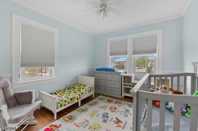 bedroom featuring multiple windows, wood finished floors, ceiling fan, and ornamental molding